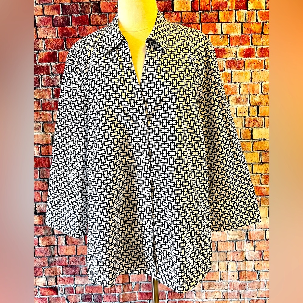 NWT~Foxcroft NYC~ size XXL Blk/Wht Chain Pattern 3/4 length arm Blouse